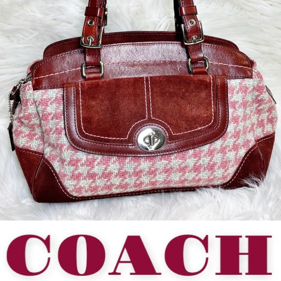 Vintage Coach Hampton Pink Houndstooth Satchel With Red Suede & Leather Trim - Picture 13 of 13